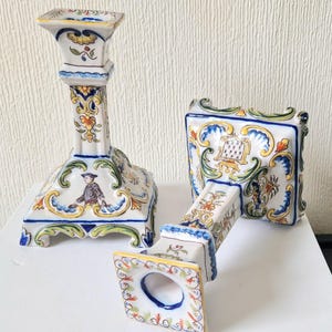 Rare Pair of 19th Century Antique Fourmaintraux Freres Desvres Faience Candle Sticks Exceptional Condition Signed