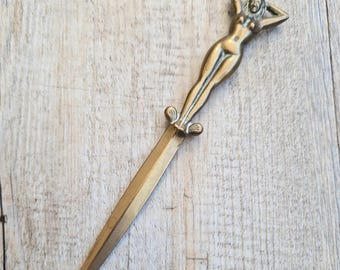 Massives Messing Art Deco Brieföffner Akt weibliche Figural Griff Antik