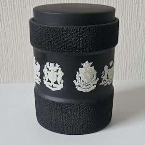 Vintage Wedgwood Black Basalt Jasperware Caddy Jar: England University Coat of Arms