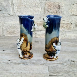 Antique Sumida Gawa Vases: Meiji Period Drip Glaze, Karako Figures