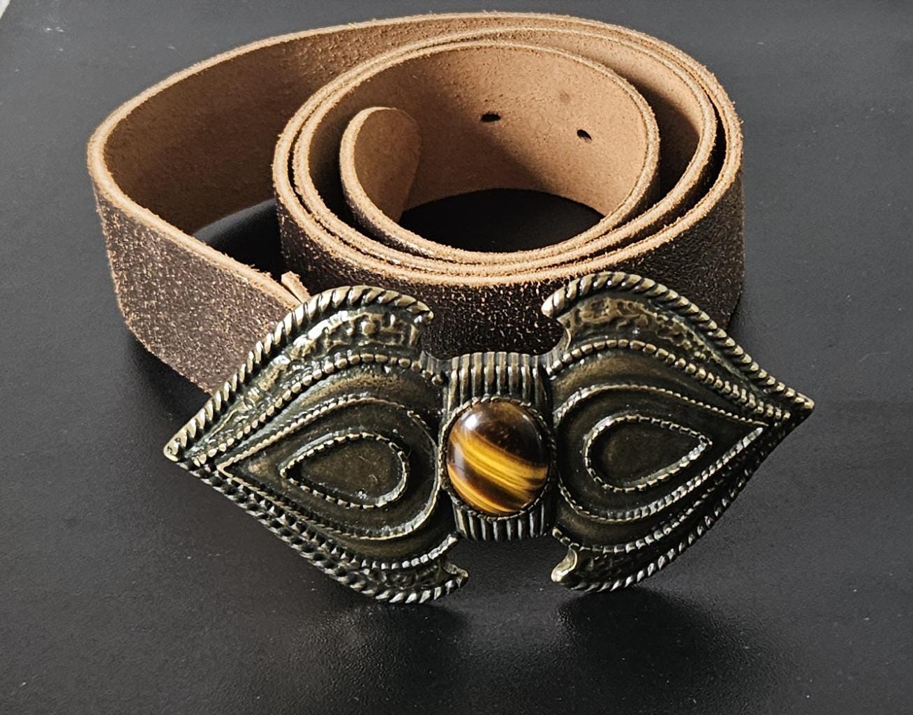 Vtg Beautiful Metallic Wooden Tigers Eye Hook Belt Antique Gold Tigers Eye Belt Buckle main image 3