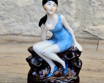 Art Deco Flapper Girl Bathing Belle Figure Ornament Ceramic Hat Pin Holder Continental 1930's
