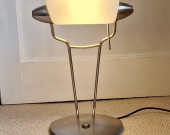 Walter Monici Style Mid-Century Retro Banker's Lamp White Glass Stainless Steel