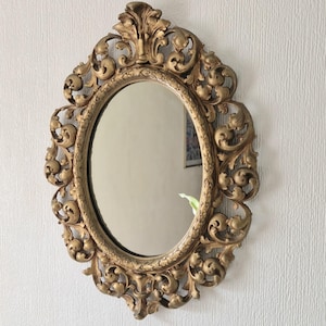 Vintage Heavy Gilt Cast Metal Ornate Rococo Oval Wall Mirror 47.5cm
