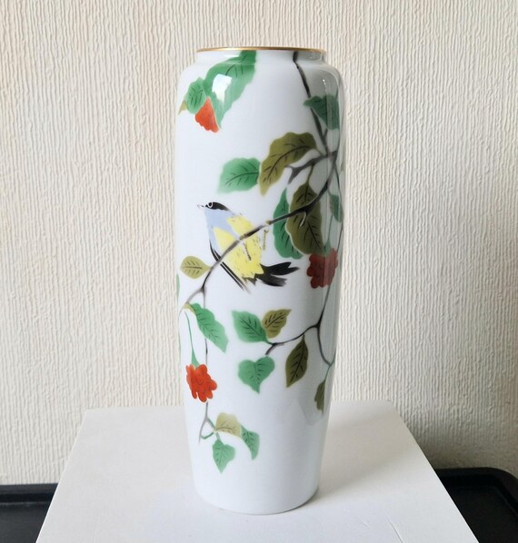 ヴィンテージ深川磁器花瓶：手描きの鳥と花、高さ11インチ - Etsy 日本