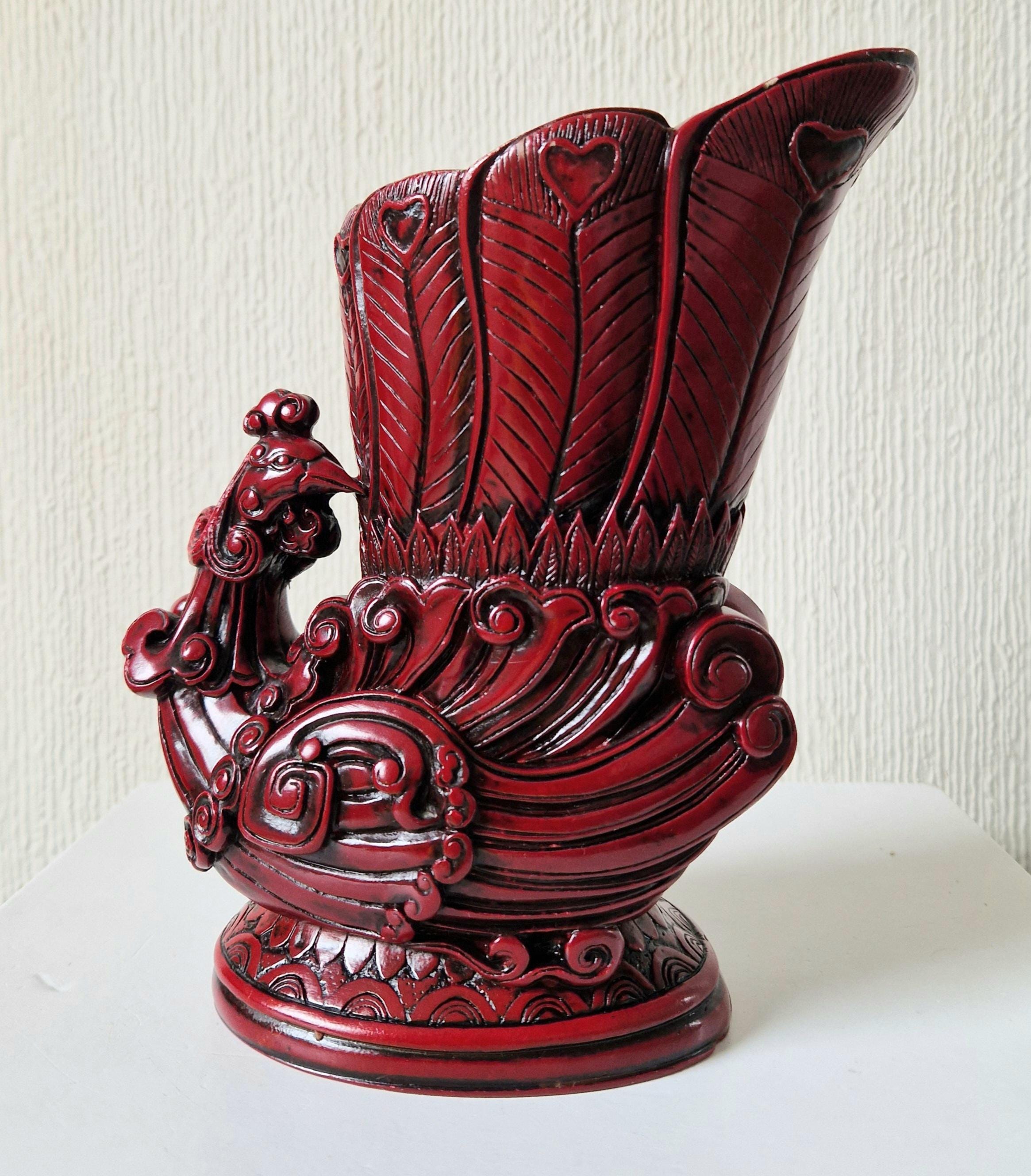 ヴィンテージ 清朝様式 赤漆器 孔雀 中国花瓶 花瓶 - Etsy 日本