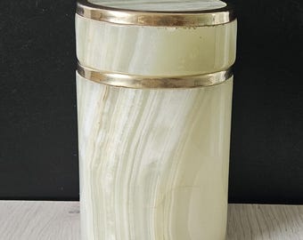Vintage Grün Marmor Cannister Aufbewahrungsbox mit Deckel.Onyx Deckeldose Messingrand 13 cm Hoch