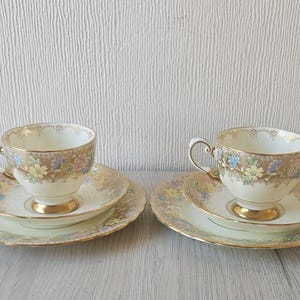 Vintage English China Teacup Trio Set Cup Saucer ,Side plate Tuscan Plant Floral Gold 2 Sets.Pretty Made in England stamped