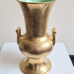 Vintage Ornate Gold Vase France Embossed Porcelain Mantle Vase Two Handle Pickard French 8.5&quot;