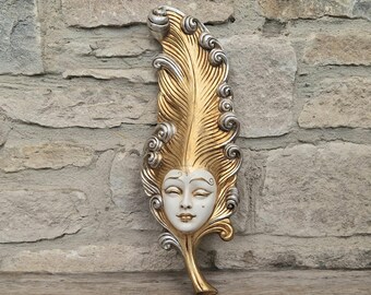 Wandmaske Venezianische Feder Blatt Keramik Gold Silber Vintage Made Italy 38 cm