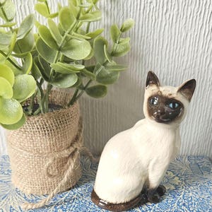 May include: A ceramic Siamese cat figurine with a cream-colored body and dark brown markings on its face, ears, and paws. The cat is sitting upright. Beside it is a small potted plant with green leaves, wrapped in burlap.