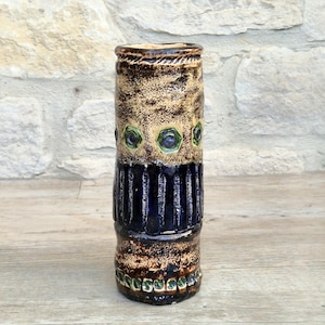 Vintage 1970s Cornish Brutalist Wheel Thrown Studio Pottery Blue Green Hexagon Medallion Ceramic Vase