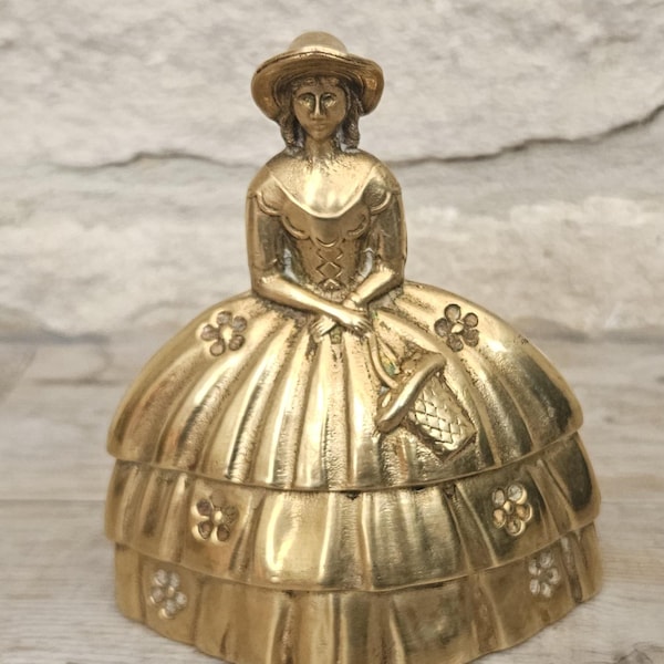 Vintage Brass Lady Bell, Southern Belle Woman Figurine, Made in England, Victorian lady Shelf decor