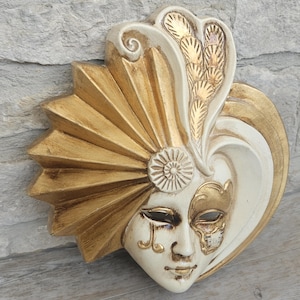 Vintage Large Venetian Style Decorative Wall Mask Ceramic Gold Accents Music theme
