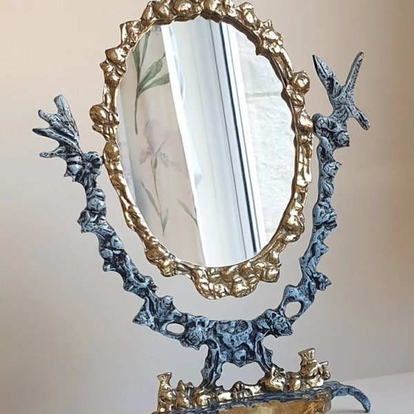 Vintage Solid Brass Ornate Mirror 2 Tone Oval Swivel Dressing Table Mirror With Jewellery Tray