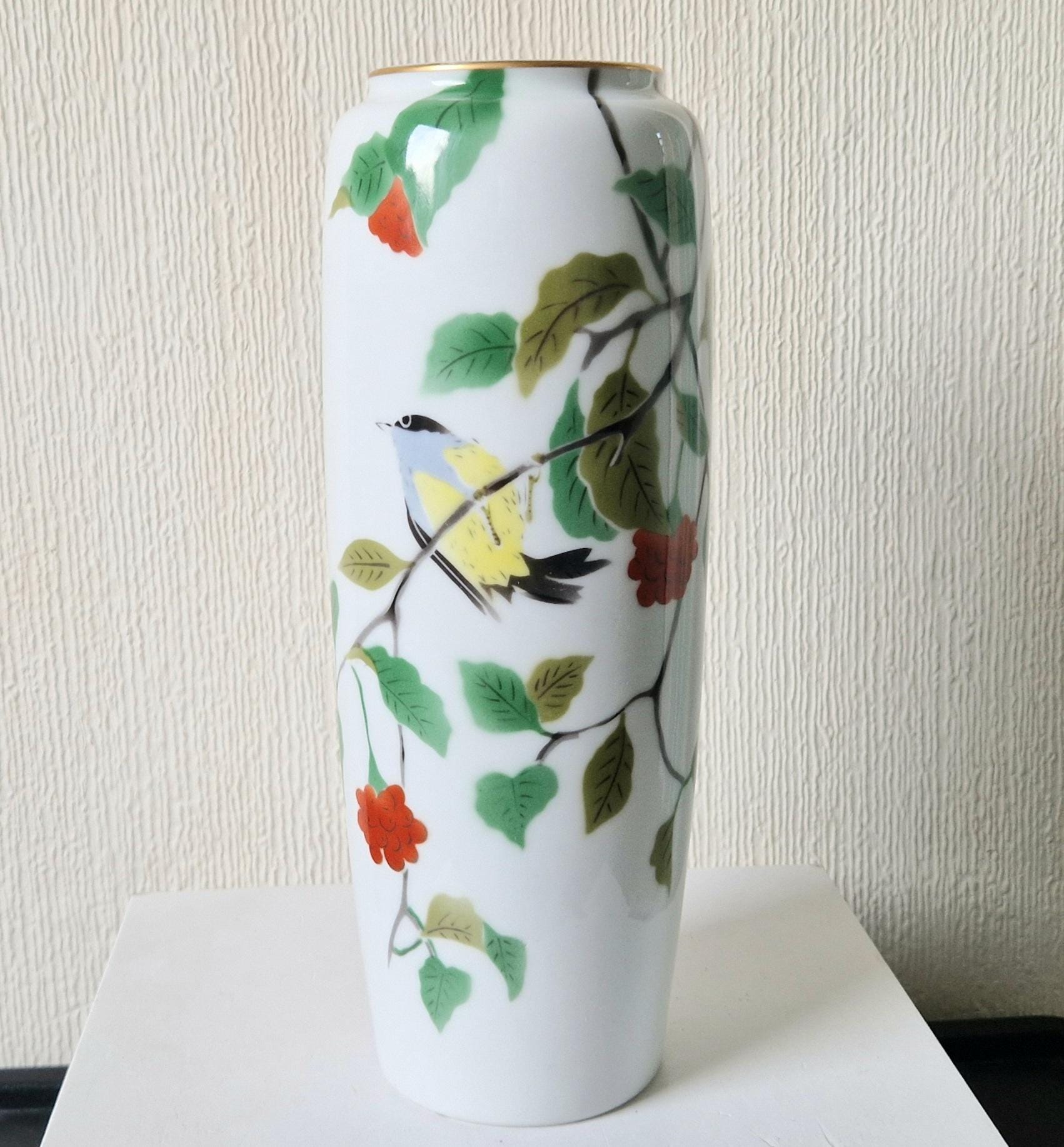 深川製磁 富士 花 鳥 花瓶 ヴィンテージ深川陶器花瓶：手描き鳥と花、11インチ - Etsy 日本