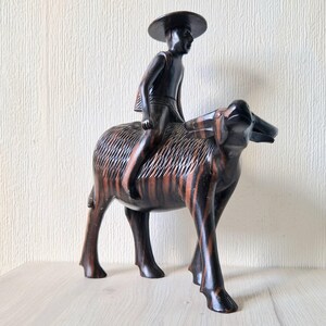Vintage Large Carved Exotic Hardwood Water Buffalo & Rider Figure Ornament