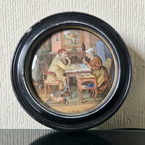 Antique Victorian Prattware Ceramic Pot Lid Round Framed Titled &#39;A Pair&#39;