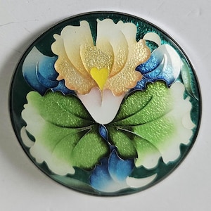 エナメルラウンド蘭の花ブローチ日本の銀針箔ブローチ/ペンダント直径5.5 cm