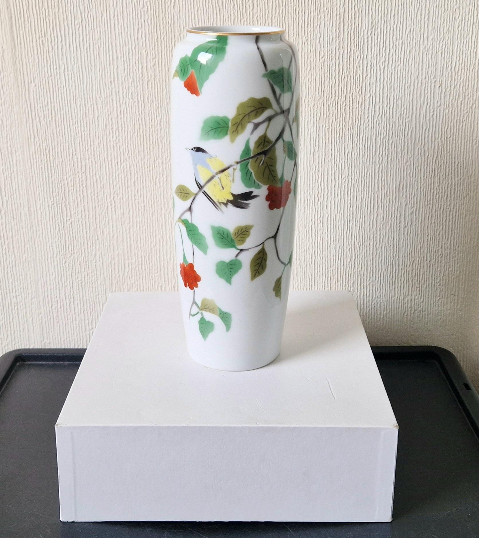 ヴィンテージ深川陶器花瓶：手描き鳥と花、11インチ - Etsy 日本