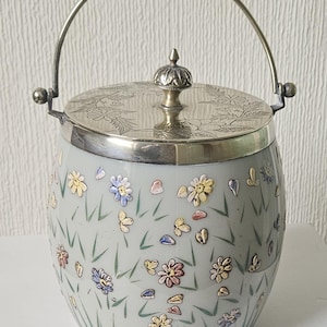 Barril de galletas de cristal inglés victoriano con tapa plateada, pintado a mano, diseño floral y asa, 13 cm de alto