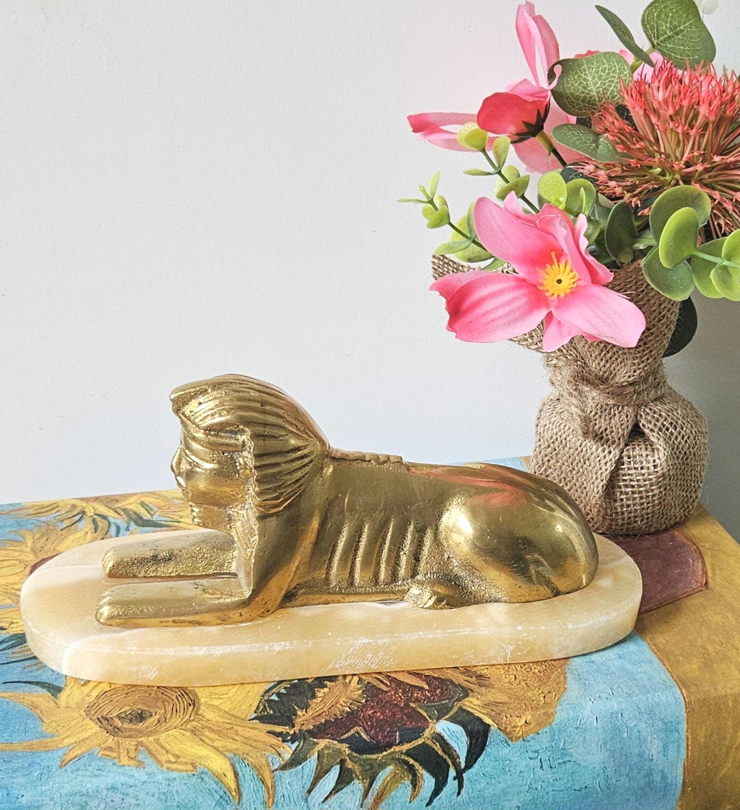 ヴィンテージ真鍮製スフィンクス像 エジプト大理石台座彫刻