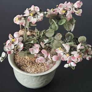Vintage Asian Cherry Blossom Bonsai Tree Ornament Hardstone Celadon Colour Pot 19cm Tall