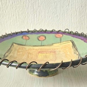 Vintage Art Pottery Pedestal Cake Stand Cake Plate Unusual Hand Thrown Arty Pedestal Cake Stand Unusual 22cm