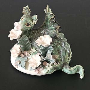 Vintage Sculpted Dragon Figurine Handmade Chessel Pottery Isle of Wight England 15X 10cm X 12cm Tall