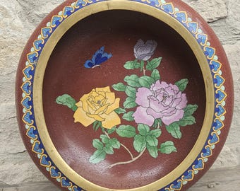 Vintage Chinese Cloisonné Bowl 27cm Floral Enamel Chinoiserie Decorative Centerpiece Collectible Art