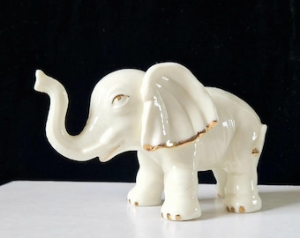 Small Vintage Ceramic Gilt Edged Trumpeting Elephant Figure Ornament