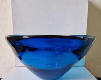 Deep Blue Glass Fruit Bowl Heavy Mid-Century Modern Art Glass  Centrepiece Bowl