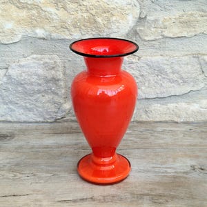 M1305 Antique 1920's Tango Glass 花瓶 Loetz Art Deco Tango Glass Vase: Orange Black Stripe Baluster