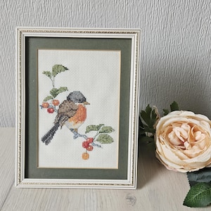 Vintage Robin Picture Completed Cross Stitch Framed Freestanding or Wall 22cm Long X 17cm Wide