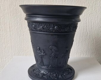 Rare Edwardian Wedgwood Vase Black Basalt Neo Classical Figural Planter Trumpet Vase