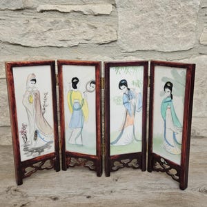 Vintage Japanese Folding Tabletop Screen Geisha Lady & Nature Artwork Double-Sided Asian Home Decor