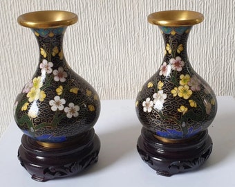 Lovely Pair of Vintage Chinese Black Cloud Cloisonne Floral Handed Posey Vases on Stands 10cm
