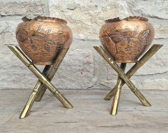 Japanische ästhetische Bewegung Kunsthandwerk Kupfer Messing Antique Faux Bois Jardinieres Zusammengepasstes Paar