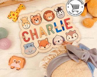 Casse-tête personnalisé en bois avec prénoms pour bébé, casse-têtes personnalisés avec animaux, jouet en bois pour tout-petit, jouets Montessori pour bébé, cadeau baby shower