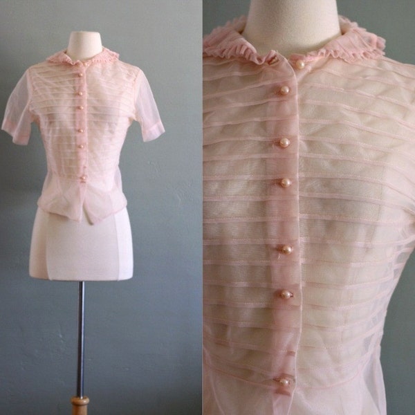 50s M/L Pale Pink Silk Chiffon BLOUSE