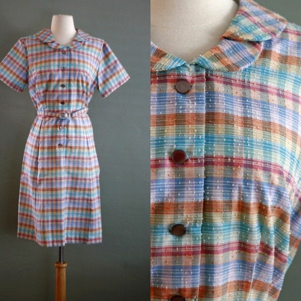 RESERVED - 50s L/XL Rainbow Plaid Button Up Picnic DRESS