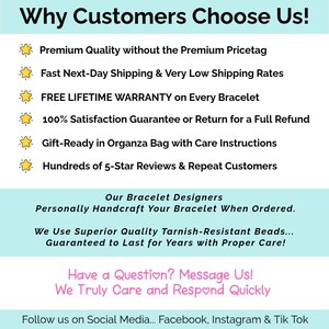 May include: A light blue informational graphic with black text titled Why Customers Choose Us! It lists six bullet points with yellow star icons, followed by text about handcrafting bracelets with tarnish-resistant beads and contact info.