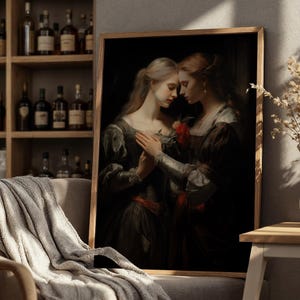 Arte mural lésbico renacentista, pintura digital de mujeres queer, arte imprimible de amor de WLW, decoración clásica romántica, regalo de orgullo sáfico