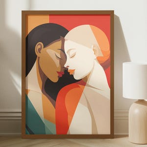 Arte mural lésbico, idea de regalo sáfica, descarga digital de amor queer, arte WLW, arte mural interracial, regalo gay