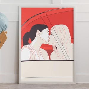 Arte mural lésbico, póster de arte mural queer, descarga digital de amor queer, arte mural interracial, arte WLW, idea de regalo para el Mes del Orgullo