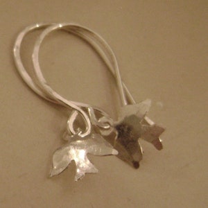 May include: A pair of silver earrings with a bird design. The earrings are made of a thin wire and have a simple, elegant design.