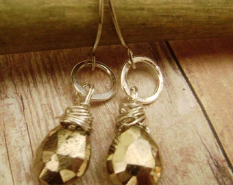 Gold Pyrite Teardrops AA Grade dangles organic, gift, feminine,faceted,Autumn, elegant, sterling silver, fool's gold, organic, semiprecious,