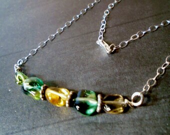 Autumn Gem Forest Necklace, 18 inches, multi colored quartz, smooth, nuggets, green, teal, yellow, 18 inches, sterling silver,18 ",18 inches