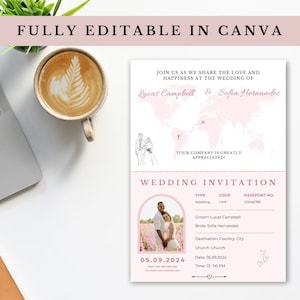 Boarding Pass Wedding Invitation Canva Template | Destination Wedding | Save the date | Passport Wedding Invite Pink | Fully editable