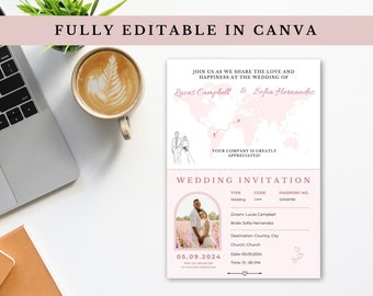 Boarding Pass Wedding Invitation Canva Template | Destination Wedding | Save the date | Passport Wedding Invite Pink | Fully editable